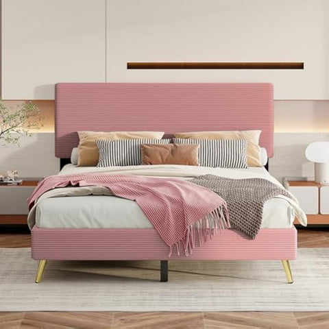 Queen Size Corduroy Upholstered Bed Frame, Platform Bed with Horizontal Stripe Headboard, No Box Spring Needed, Pink