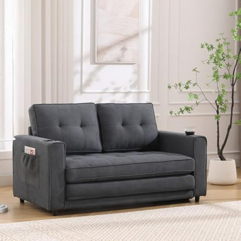 3-in-1 Upholstered Futon Sofa Convertible Sofa Bed,Foldable Tufted Loveseat with Pull Out Sleeper Couch Bed,Folding Mattres Love Seat Daybed W/Side Pockets and Cup Holder, Dark Gray