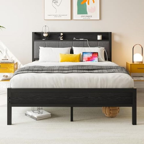 Full Size Bed Frame, Storage Headboard with Charging Station, Solid and Stable, Noise Free, No Box Spring Needed, Easy Assembly