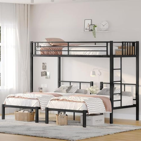 Twin Over Twin & Twin Bunk Beds for 3, Twin XL Over Twin & Twin Bunk Bed Metal Triple Bunk Bed, Black
