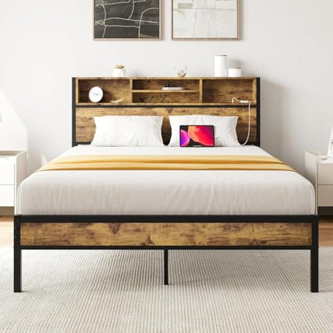 Full Size Bed Frame with Storage Headboard, Metal Platform Bed with Charging Station, Bookcase Storage, No Box Spring Needed, Easy Assembly, Noise-Free, Black