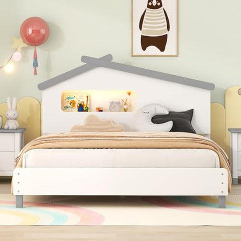 Full Size Wood Platform Bed with House-shaped Headboard and Motion Activated Night Lights (White+Gray), YYUE-240709-02