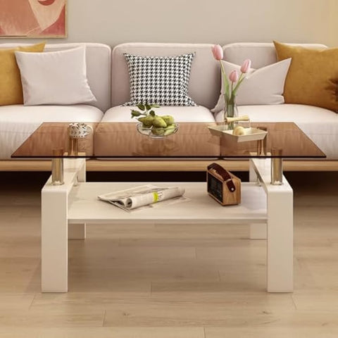 Rectangle Coffee Table, Tempered Glass Tabletop with MDF Layer, Modern Table for Living Room, Brown Glass