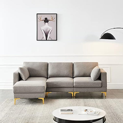 3-Seat L-Shaped Sectional Sofa with Ottoman, Grey Fabric Upholstery