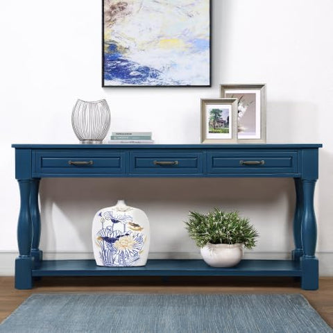 63inch Long Wood Console Table with 3 Drawers and 1 Bottom Shelf for Entryway Hallway Easy Assembly Extra-Thick Sofa Table(Navy Blue), YYUE-240507-28
