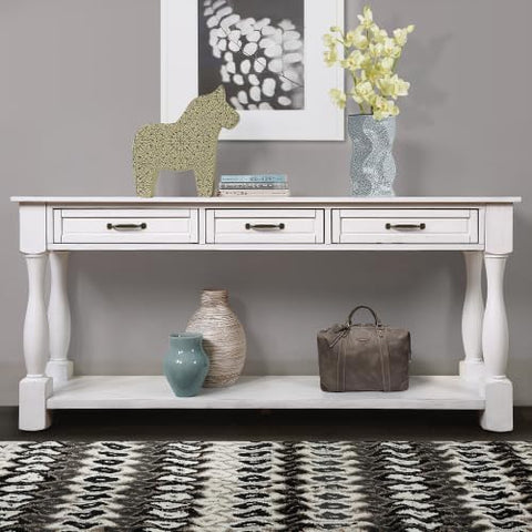 63inch Long Wood Console Table with 3 Drawers and 1 Bottom Shelf for Entryway Hallway Easy Assembly Extra-Thick Sofa Table (Antique White), YYUE-240507-26