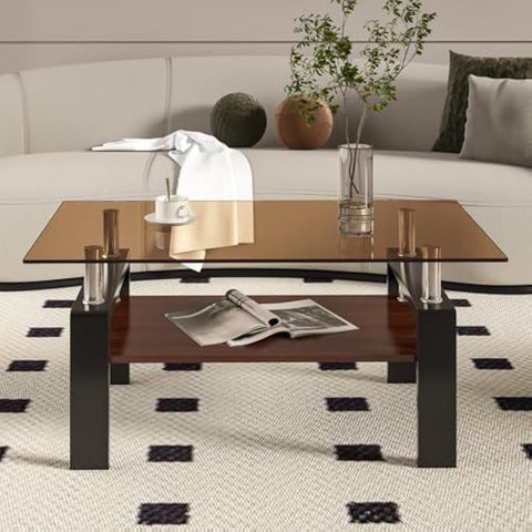 Rectangle Coffee Table, Tempered Glass Tabletop with MDF Layer, Modern Table for Living Room, Brown Glass