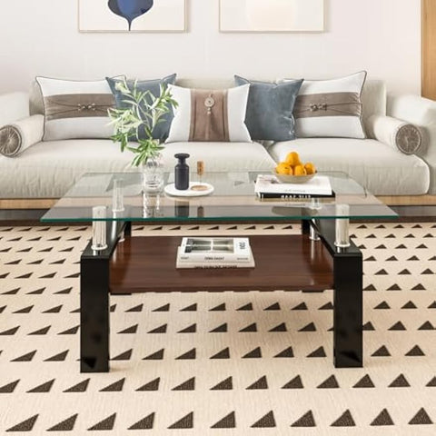 Rectangle Coffee Table, Tempered Glass Tabletop with MDF Layer, Modern Table for Living Room, Transparent Glass