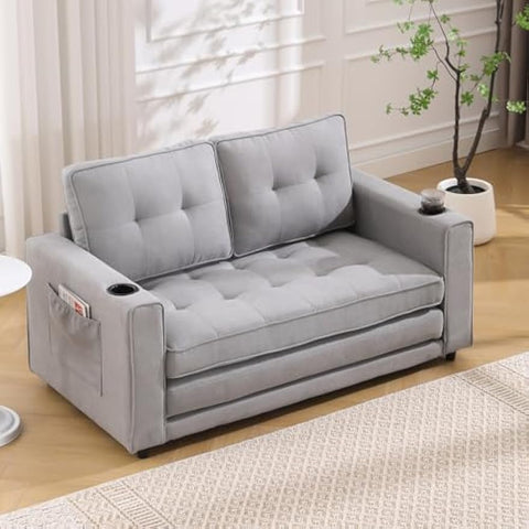 3-in-1 Upholstered Futon Sofa Convertible Sofa Bed,Foldable Tufted Loveseat with Pull Out Sleeper Couch Bed,Folding Mattres Love Seat Daybed W/Side Pockets and Cup Holder, Light Gray