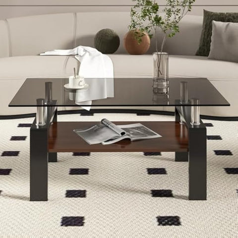 Rectangle Coffee Table, Tempered Glass Tabletop with MDF Layer, Modern Table for Living Room, Gray Glass