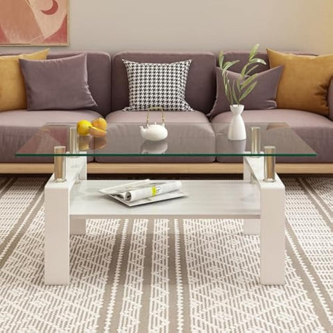 Rectangle Coffee Table, Tempered Glass Tabletop with MDF Layer, Modern Table for Living Room, Transparent Glass