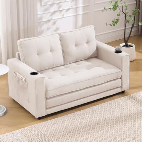 3-in-1 Upholstered Futon Sofa Convertible Sofa Bed,Foldable Tufted Loveseat with Pull Out Sleeper Couch Bed,Folding Mattres Love Seat Daybed W/Side Pockets and Cup Holder, Beige