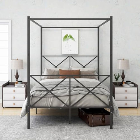 Metal Canopy Bed Frame, Platform Bed Frame with X Shaped Frame Full Black