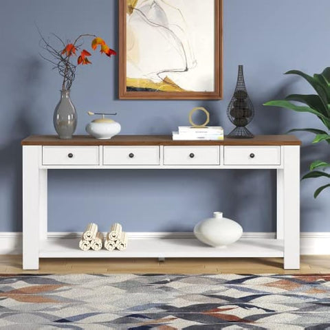 63"" Pine Wood Console Table with 4 Drawers and 1 Bottom Shelf for Entryway Hallway Easy Assembly 63 inch Long Sofa Table (Antique White+ Brown Top), YYUE-240503-06