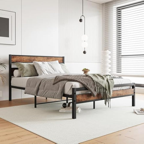 Full Size Platform Bed Frame with Rustic Vintage Wood Headboard, Strong Metal Slats Support, No Box Spring Needed