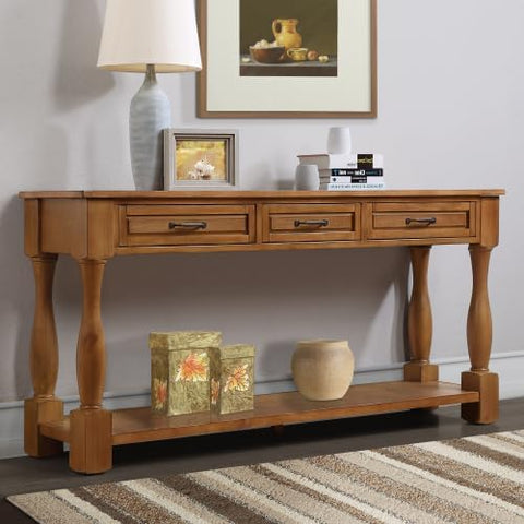 63inch Long Wood Console Table with 3 Drawers and 1 Bottom Shelf for Entryway Hallway Easy Assembly Extra-Thick Sofa Table(Brown), YYUE-240507-29