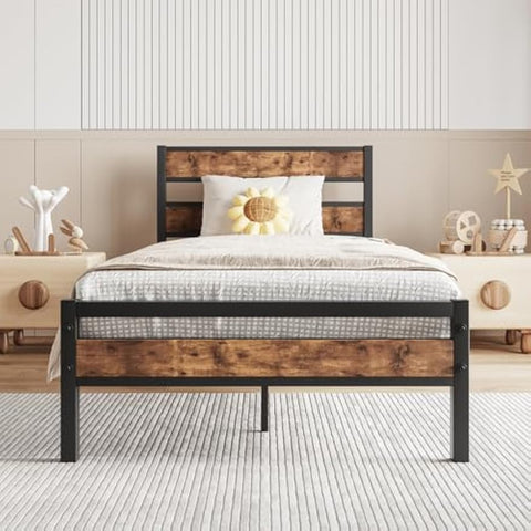 Twin Size Platform Bed Frame with Rustic Vintage Wood Headboard, Strong Metal Slats Support, No Box Spring Needed