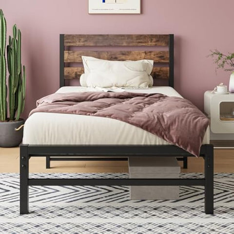 Twin Size Platform Bed Frame with Rustic Vintage Wood Headboard, No Box Spring Needed Black/Brown