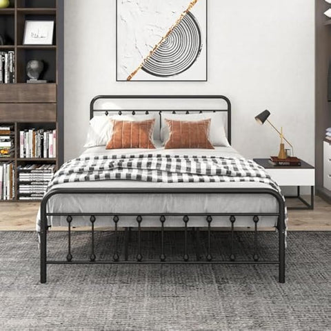 Metal Bed Frame Queen Size Platform No Box Spring Needed with Vintage Headboard and Footboard Premium Steel Slat Support/Black
