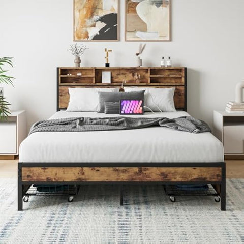 Queen Bed Frame with Storage Headboard and 4 Drawers