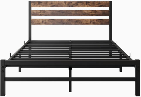 Full Size Platform Bed Frame with Rustic Vintage Wood Headboard, Strong Metal Slats Support Mattress Foundation, No Box Spring Needed Rustic Brown