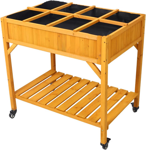 Elevated 8 Pocket Herb Garden Bed,Mobile Raised Customizable Wood Planter for Herbs,Vegetables,Flowers w/Lockable Wheels,Storage Shelf,Drainage Holes