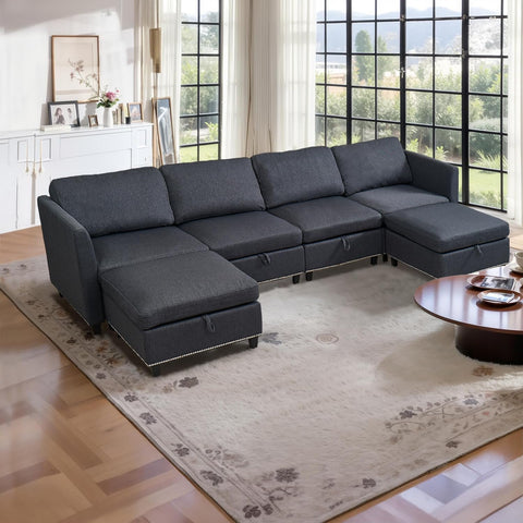 Convertible Sectional Sofa with Storage Seat 6 Seat Sofa with Reversible Chaise U Shaped Sectional Couch for Living Room,Dark Grey