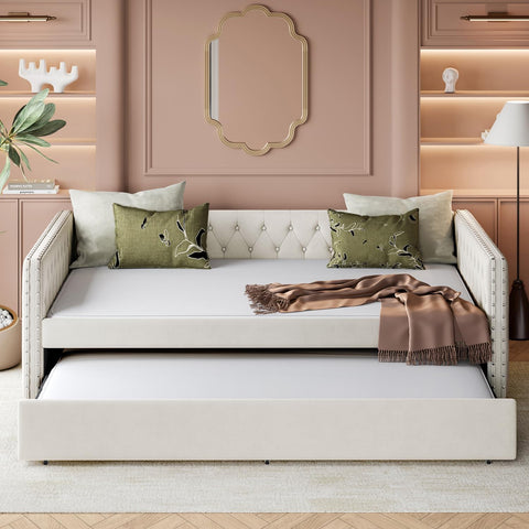Full Size Daybed, Upholstered Tufted Sofa Bed with Trundle, Daybed with Button & Copper Nail on Square Arms, Full Daybed with Twin Trundle, Ivory