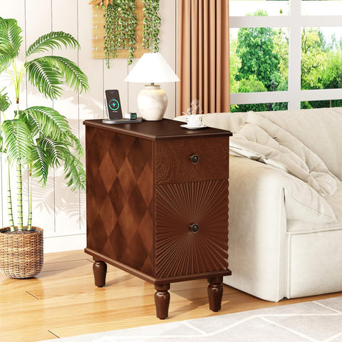 2 Drawer Modern Sofa Side Table, Narrow Side Table, Slim Nightstand for Living Room, Bedroom