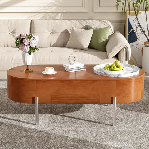 47.2''Lift Top Coffee Table with 360-degree Marble-Patterned Rotating Tray,Hidden Compartment, Partially Assembled Wooden Center Table, Modern Oval Lift Tabletop for Home Living Room