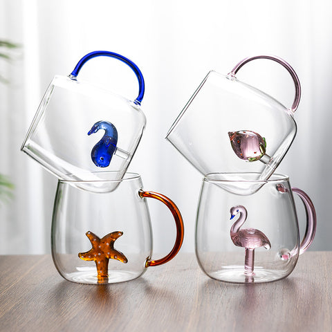 High borosilicate creative three-dimensional glass cup high temperature resistant household milk cup coffee cup with handle high value office water cups