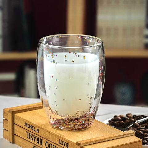 Double Glass Quicksilver Cup Borosilicate Glass Double Layer Sequin Cup Breakfast Milk Coffee Cup Household Drinking Cups