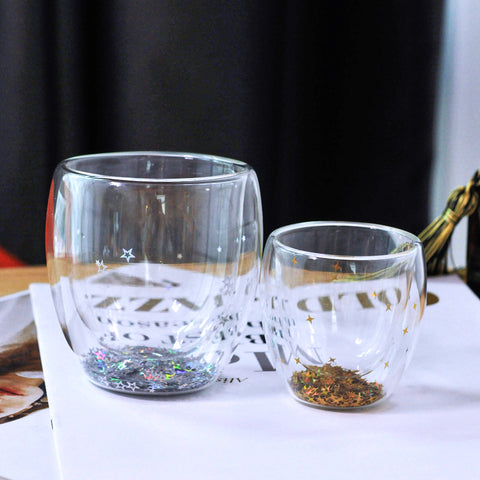 High borosilicate creative double layer high temperature ins style personalized glitter sequins star egg-shaped juice coffee cups