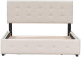 Upholstered Platform Bed with Classic Headboard and 4 Drawers, No Box Spring Needed, Linen Fabric, Queen Size Beige