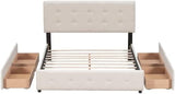 Upholstered Platform Bed with Classic Headboard and 4 Drawers, No Box Spring Needed, Linen Fabric, Queen Size Beige