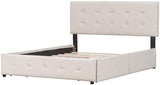 Upholstered Platform Bed with Classic Headboard and 4 Drawers, No Box Spring Needed, Linen Fabric, Queen Size Beige