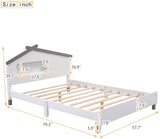 Full Size Wood Platform Bed with House-shaped Headboard and Motion Activated Night Lights (White+Gray), YYUE-240709-02