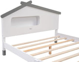 Full Size Wood Platform Bed with House-shaped Headboard and Motion Activated Night Lights (White+Gray), YYUE-240709-02