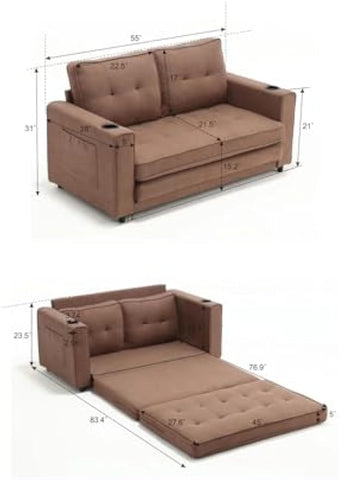 3-in-1 Upholstered Futon Sofa Convertible Floor Sofa Bed,Foldable Tufted Loveseat with Pull Out Sleeper Couch Bed,Folding Mattres Love Seat Daybed W/Side Pockets for Living Room, Brown