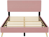 Queen Size Corduroy Upholstered Bed Frame, Platform Bed with Horizontal Stripe Headboard, No Box Spring Needed, Pink