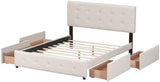 Upholstered Platform Bed with Classic Headboard and 4 Drawers, No Box Spring Needed, Linen Fabric, Queen Size Beige