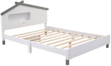 Full Size Wood Platform Bed with House-shaped Headboard and Motion Activated Night Lights (White+Gray), YYUE-240709-02