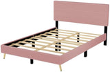 Queen Size Corduroy Upholstered Bed Frame, Platform Bed with Horizontal Stripe Headboard, No Box Spring Needed, Pink
