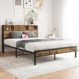 Queen Bed Frame with Storage Headboard, Metal Platform Bed with Charging Station, Bookcase Storage, No Box Spring Needed, Easy Assembly, Noise-Free, Black