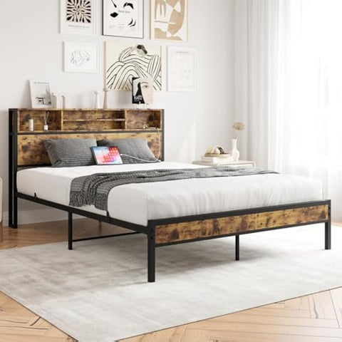 Queen Bed Frame with Storage Headboard, Metal Platform Bed with Charging Station, Bookcase Storage, No Box Spring Needed, Easy Assembly, Noise-Free, Black