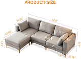 3-Seat L-Shaped Sectional Sofa with Ottoman, Grey Fabric Upholstery