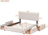 Upholstered Platform Bed with Classic Headboard and 4 Drawers, No Box Spring Needed, Linen Fabric, Queen Size Beige