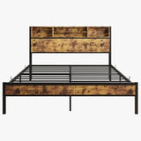 Queen Bed Frame with Storage Headboard, Metal Platform Bed with Charging Station, Bookcase Storage, No Box Spring Needed, Easy Assembly, Noise-Free, Black