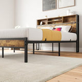 Full Size Bed Frame with Storage Headboard, Metal Platform Bed with Charging Station, Bookcase Storage, No Box Spring Needed, Easy Assembly, Noise-Free, Black