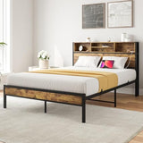 Full Size Bed Frame with Storage Headboard, Metal Platform Bed with Charging Station, Bookcase Storage, No Box Spring Needed, Easy Assembly, Noise-Free, Black